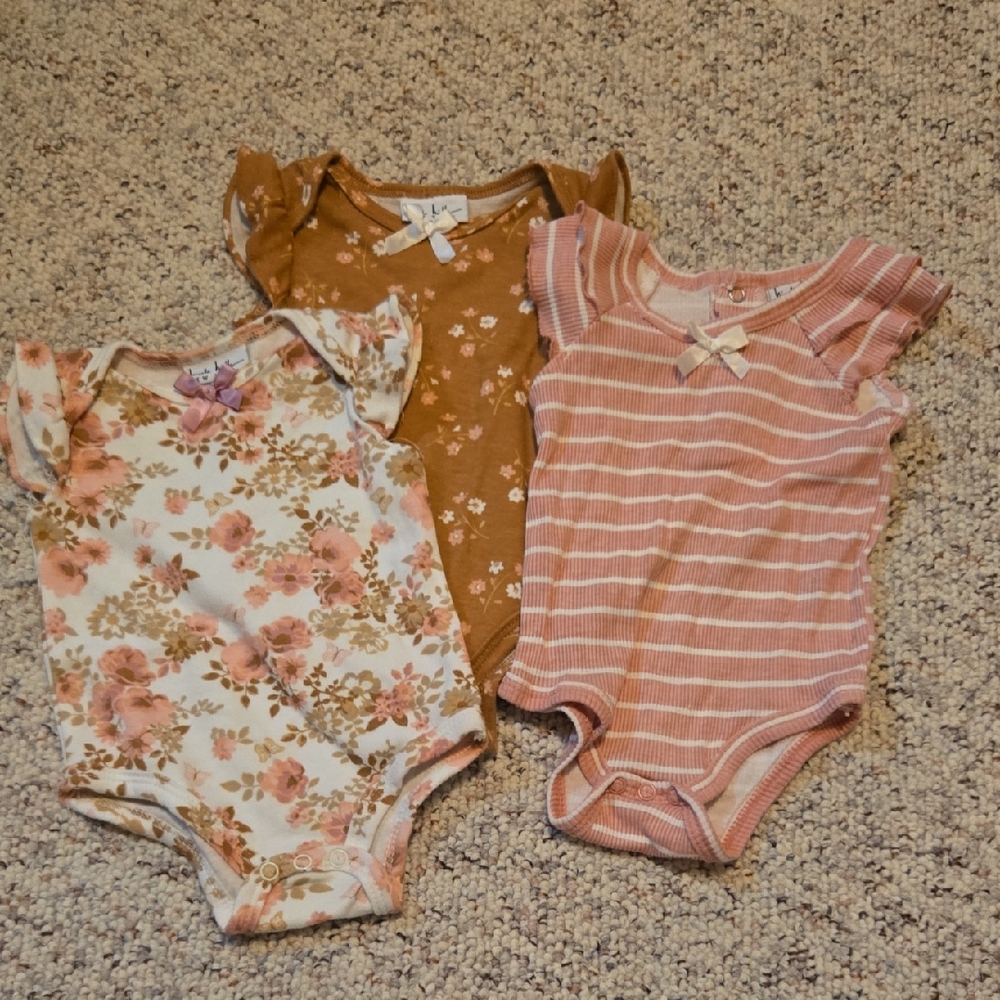Nicole Miller Floral and Striped Bodysuit Trio - Pink and Brown